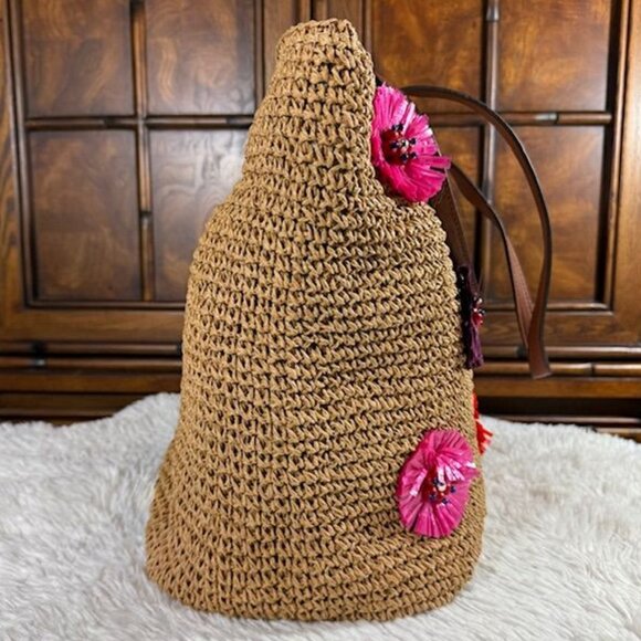 Jessica Simpson Raffia Straw 3D Beaded Floral Feather St. Pete Toast Pink Tote - Picture 4 of 16